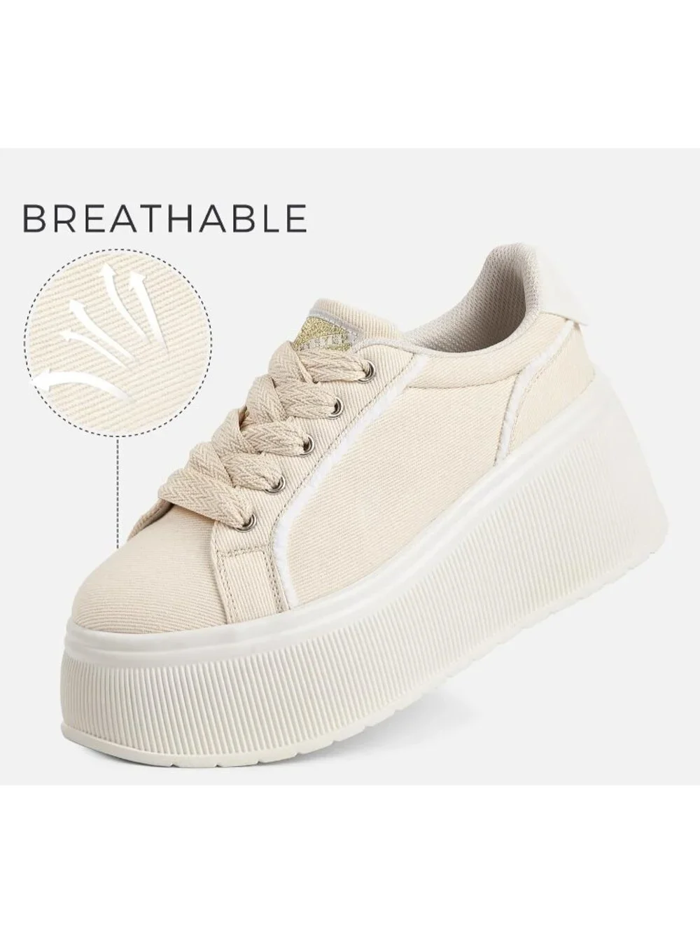 🆕LUCKY STEP Women's Beige Platform Wedge Canvas Sneakers Walking Shoes
